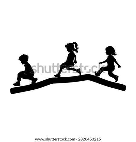 Silhouette of three children running and playing on a balance beam outdoors, capturing joy, activity, and childhood energy in a lively scene.