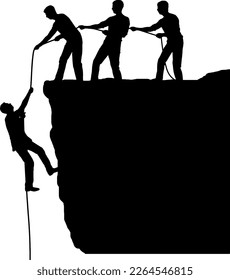 The silhouette of three climbers pulling a man out of the abyss. Teamwork of male climbers. Business teamwork concept
