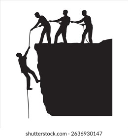 The silhouette of three climbers pulling a man out