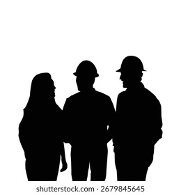 Silhouette of three construction workers in discussion.
