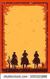 Silhouette of three cowboys riding horses banner, Vector