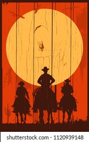 Silhouette of three cowboys riding horses background, Vector