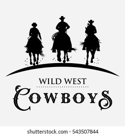 Silhouette Of Three Cowboys Riding Horses, Vector