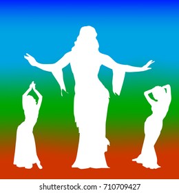 Silhouette of three dancing women, on a colored background.Vector
