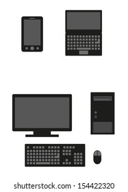 silhouette of the three different computers - tablet, notebook and personal computer