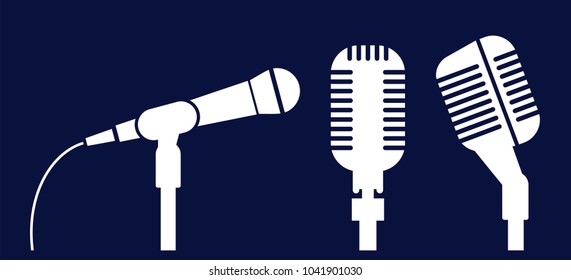 silhouette of three different microphones on blue background. music icon. Song symbol