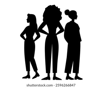 Silhouette of three diverse women standing together. Perfect for feminism, empowerment, and diversity themes. Ideal for posters, banners, and social awareness campaigns