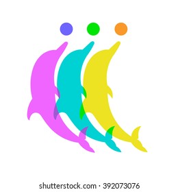 Silhouette of three dolphins with balls. Vector silhouette on a white background. 