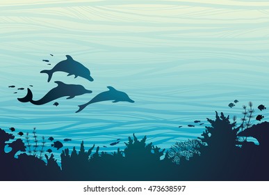 Silhouette of three dolphins and coral reef with fish on a blue sea background. Underwater vector illustration.