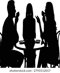 Silhouette of three friends sitting at a table having drinks with silhouette conversation restaurant lifestyle together interaction