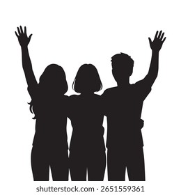 Silhouette of three friends standing together with raised hands, representing symbol of friendship.