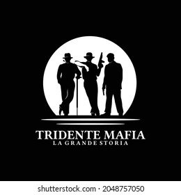 Silhouette Of Three Gangster Mafia, Bastard Bandit Mafioso With Gun Shot Weapon And Walking Stick In Hand And Smoking Pipe In Mouth Logo Design Inspiration