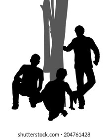 the silhouette of three guys near the tree vector