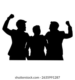 Silhouette of three happy business people celebrating with raised fists, showing teamwork and success in black color on transparent background, perfect for business related themes.
