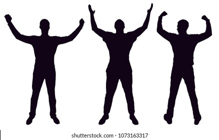  silhouette of three happy men with arms raised. Business concept of success