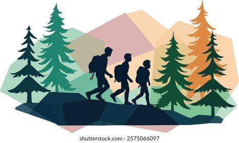 Silhouette of three hikers with backpacks and walking sticks on a mountaintop.