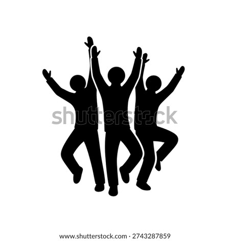 Silhouette of three individuals jumping in joy, hands raised in a gesture of triumph and happiness