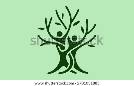 Silhouette of three intertwined human figures forming a tree with branches and leaves against a light green background