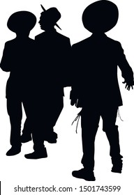 Silhouette of three Jews. Hasidim are religious Jew in traditional clothes. Men in a hat. Jews in tzitzit and talit katan. Isolated vector illustration. Black on white.