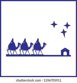 Silhouette of three Kings traveling on camel back from the East following the Star of Bethlehem isolated