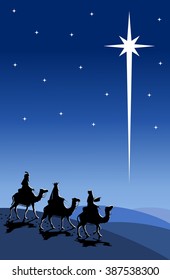 Silhouette Of Three Kings Traveling On Camel Back From The East Following The Star Of Bethlehem Nighttime