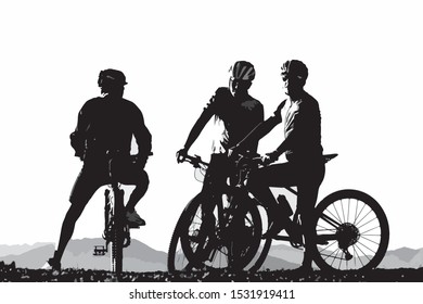 Silhouette of three male bicyclist on their mountain bikes having a rest. Sports, activity and bicycling concepts.