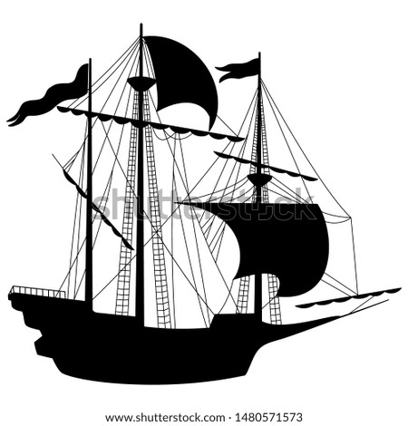 Silhouette of a three mast barque. Isolated vector illustration. Sailing ship. Vintage European sea vessel or boat.