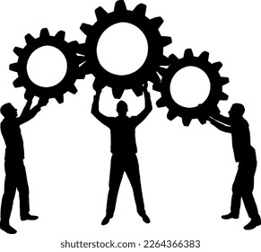 Silhouette of three men holding gears put them together in one gear. Business Concept. Vector Silhouette