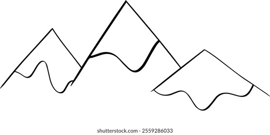 Silhouette of three mountains with three peaks on white background. vector graphic line illustration
