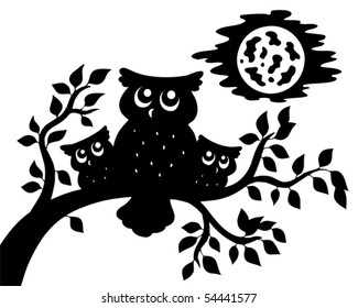 Silhouette of three owls on branch - vector illustration.