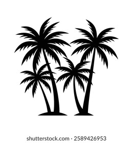 Silhouette of three palm trees against a white background.