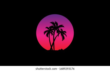 Silhouette of three palm trees on an island against a sky with a gradient of purple, pink and red representing sunset or sunrise. Vector is in a cutout circle isolated against a black background.