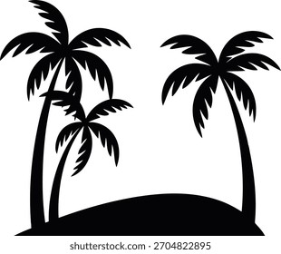 Silhouette aus drei Palmen auf einer kleinen Insel auf weißem Hintergrund, die an ein tropisches Paradies erinnert.