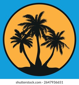  the silhouette of three palm trees in a round frame against an orange sun or moon.