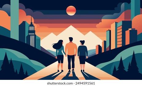 Silhouette of three people against a vibrant city sunset. Modern flat illustration style. Dark blues, oranges, and teal colors.	
