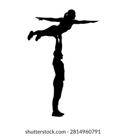 Silhouette of three people forming a human pyramid demonstrating strength, balance, and teamwork in an artistic pose.