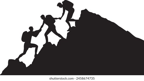 Silhouette of three people hiking climbing mountain and helping each other on top of mountain, helping hand and assistance concept vector