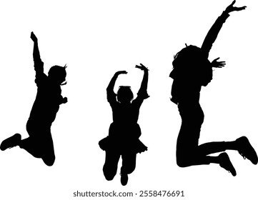 Silhouette of three people joyfully jumping against a white background, capturing a moment of exuberant energy and movement.