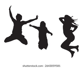 Silhouette of Three People Jumping in Air Isolated on White Background