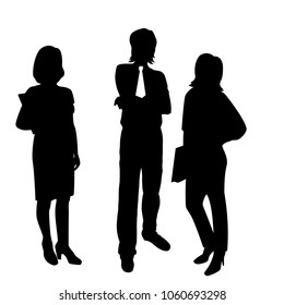 Silhouette of three people,
Two girls and a young man, office workers, black and white silhouette, people silhouettes, figure, outline, image, drawing, vector illustration, vector