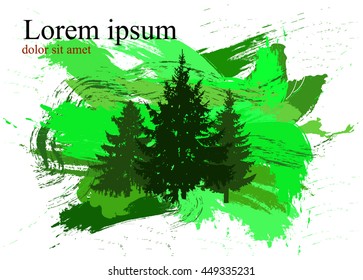 Silhouette of three pine trees with patches of paint. Splash. Green tones.