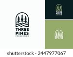 Silhouette of three pines tree similar with evergreen fir conifer spruce cedar larch cypress tree. Forest Landscape classic vintage logo design