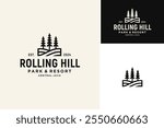 Silhouette of three pines tree similar with evergreen fir conifer spruce cedar larch cypress. Forest Rolling Hill Landscape classic vintage logo design