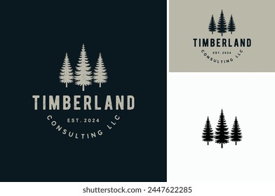 Silhouette of three pines tree similar with evergreen fir conifer spruce cedar larch cypress tree. Forest Landscape classic vintage logo design