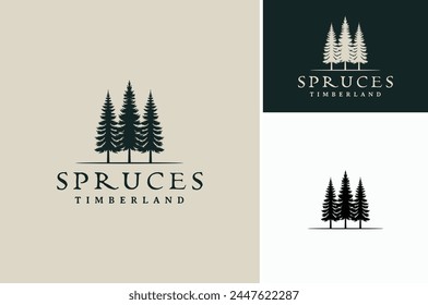 Silhouette of three pines tree similar with evergreen fir conifer spruce cedar larch cypress tree. Forest Landscape classic vintage logo design