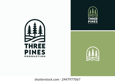 Silhouette of three pines tree similar with evergreen fir conifer spruce cedar larch cypress tree. Forest Landscape classic vintage logo design