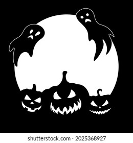 Silhouette of three pumpkins and ghost above full moon. Halloween greeting card.