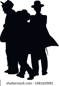 Silhouette of three religious Jews walking down the street. Jew in a traditional costume. Hasid in and hat. Isolated vector illustration Black on white.