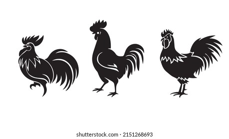 Silhouette of three roosters, monochrome color