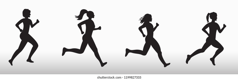 Silhouette of three running women  on white background